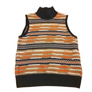 Diane Von Furstenberg Womans Turtleneck Sweater Vest Stripped Size L Merino Silk